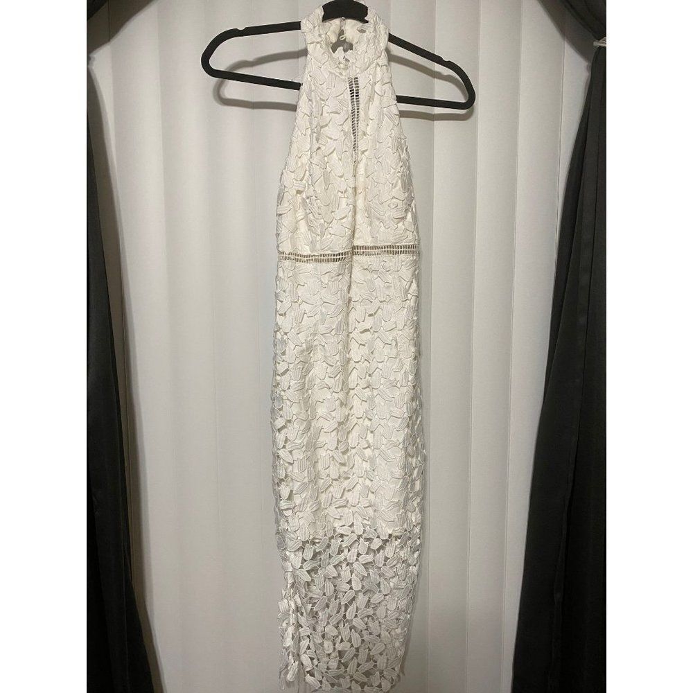 Bardot Gemma White Lace Halter Sheath Dress, high neck,sheer leaf-patterned lace - Picture 2 of 9